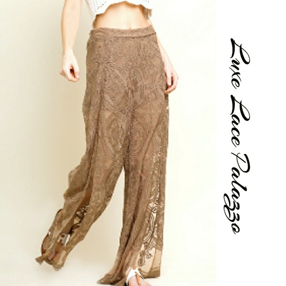 Umgee Pants - LAST ONE! Umgee High Waist Lace Palazzo Pants Split Legs